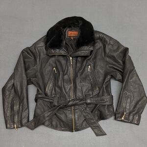 Vintage Cayenne Black Leather Jacket Belted Size Large Womens